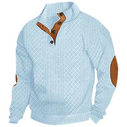 Men's Stand Collar Jacquard Knit Sweater, Micro Stretch 100% Polyester Elbow Patch Long Sleeve Top
