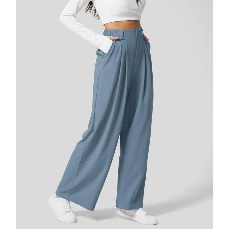🔥Autumn Sale– High Waisted Pleated Wide Leg Waffle Work Pants with Side Pockets