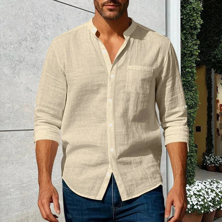 Men's Linen Long Sleeve Stand Collar Shirt