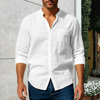 Men's Linen Long Sleeve Stand Collar Shirt