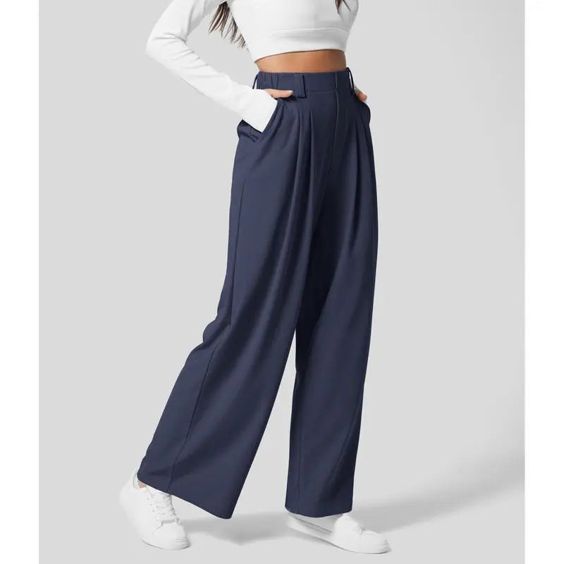🔥Autumn Sale– High Waisted Pleated Wide Leg Waffle Work Pants with Side Pockets